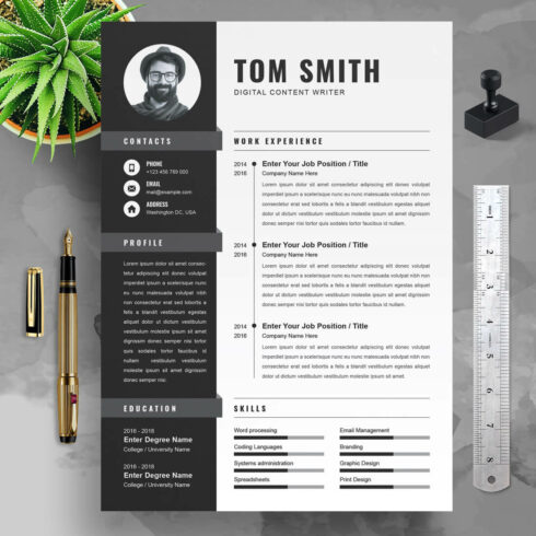 Professional resume template with a black and white theme.