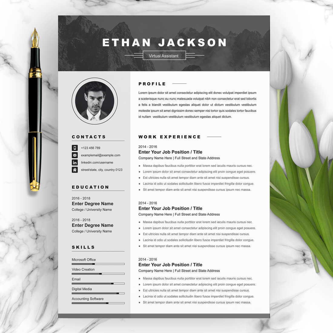 Professional resume with a black and white theme.
