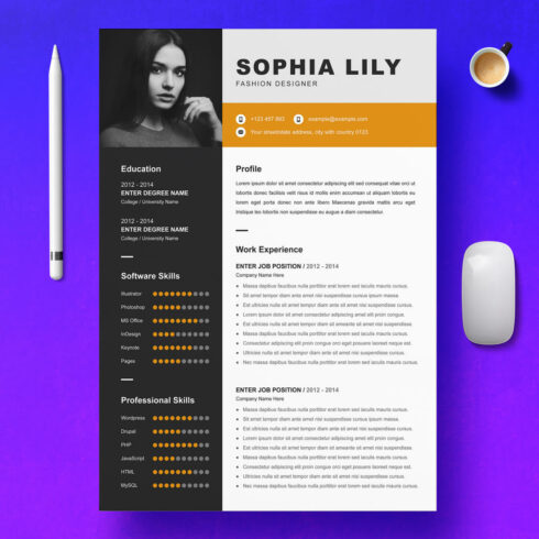 Professional resume with orange accents on a purple background.