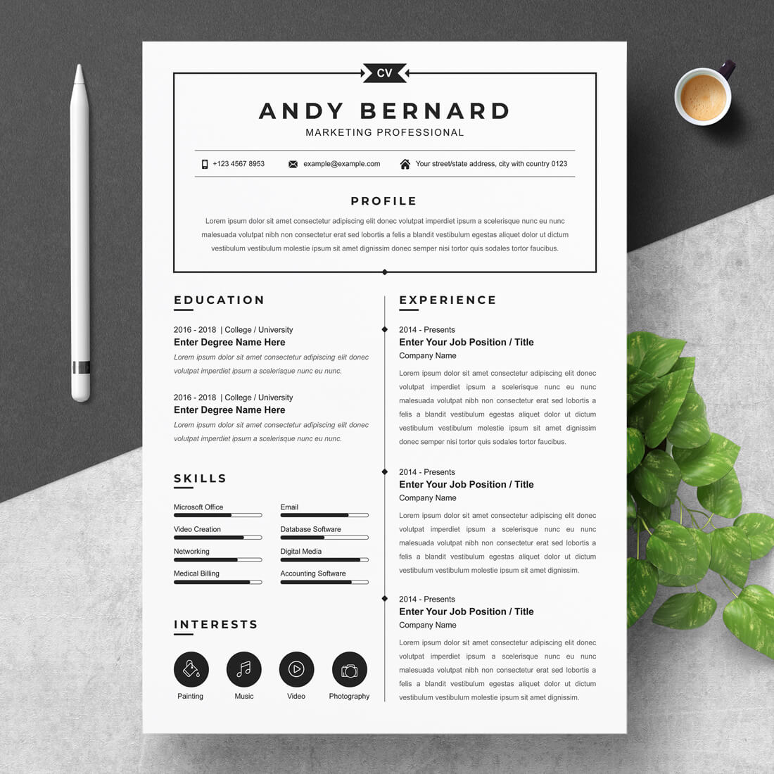 Clean and modern resume template on a desk.
