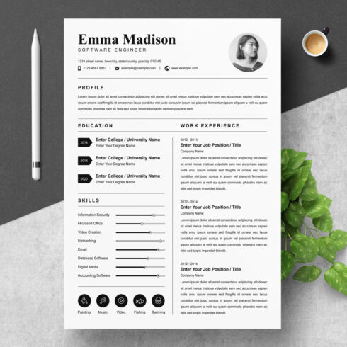 Professional resume template with a green plant and a cup of coffee.