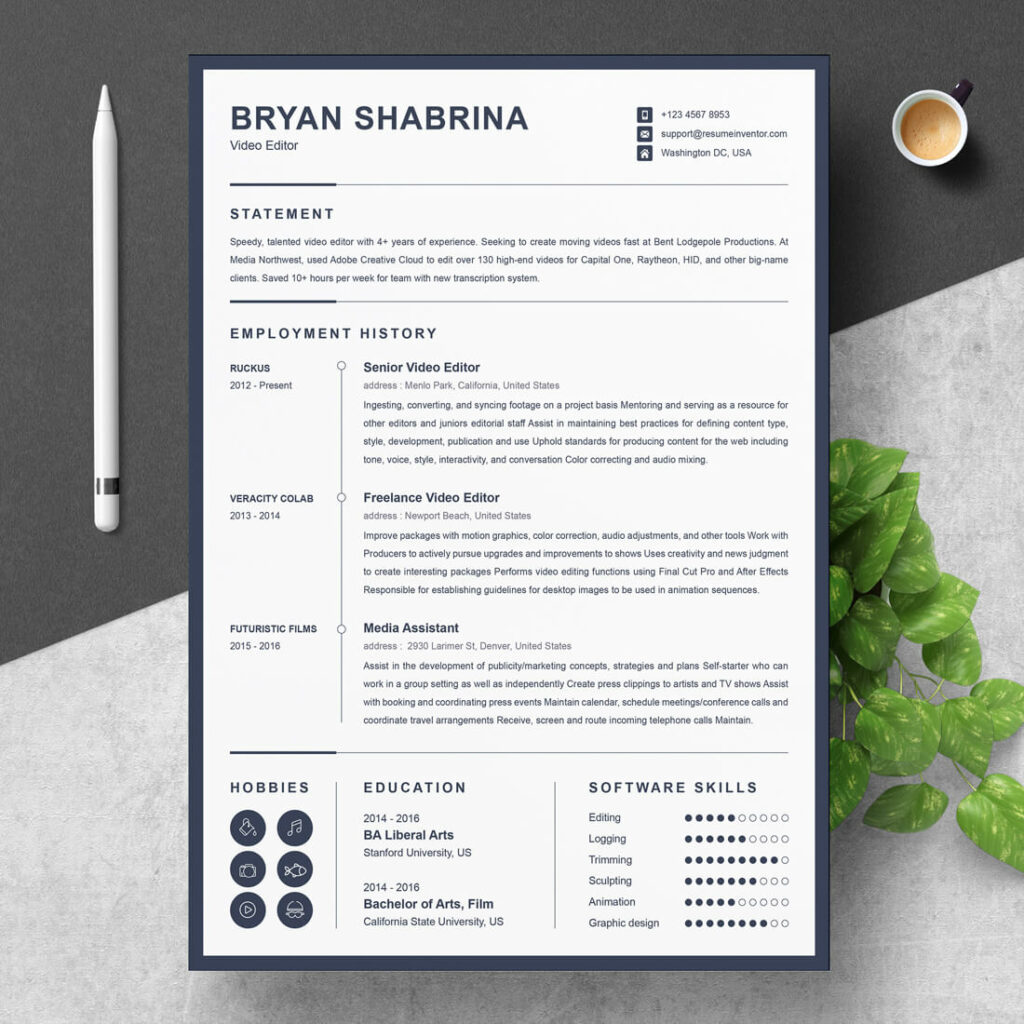 Video Editor Resume Template | Simple Resume Template Design ...