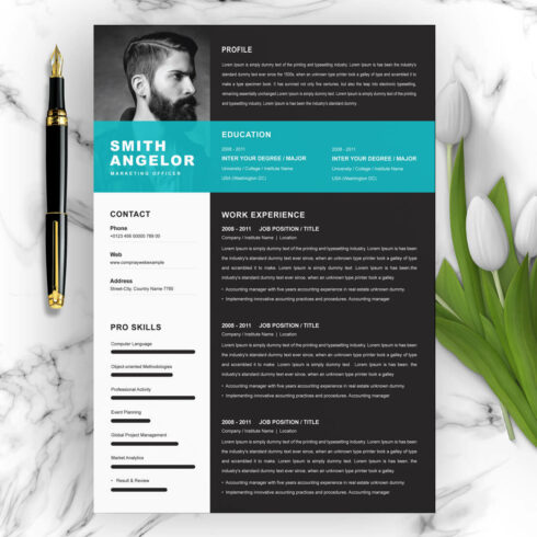Black and white resume with a blue accent.