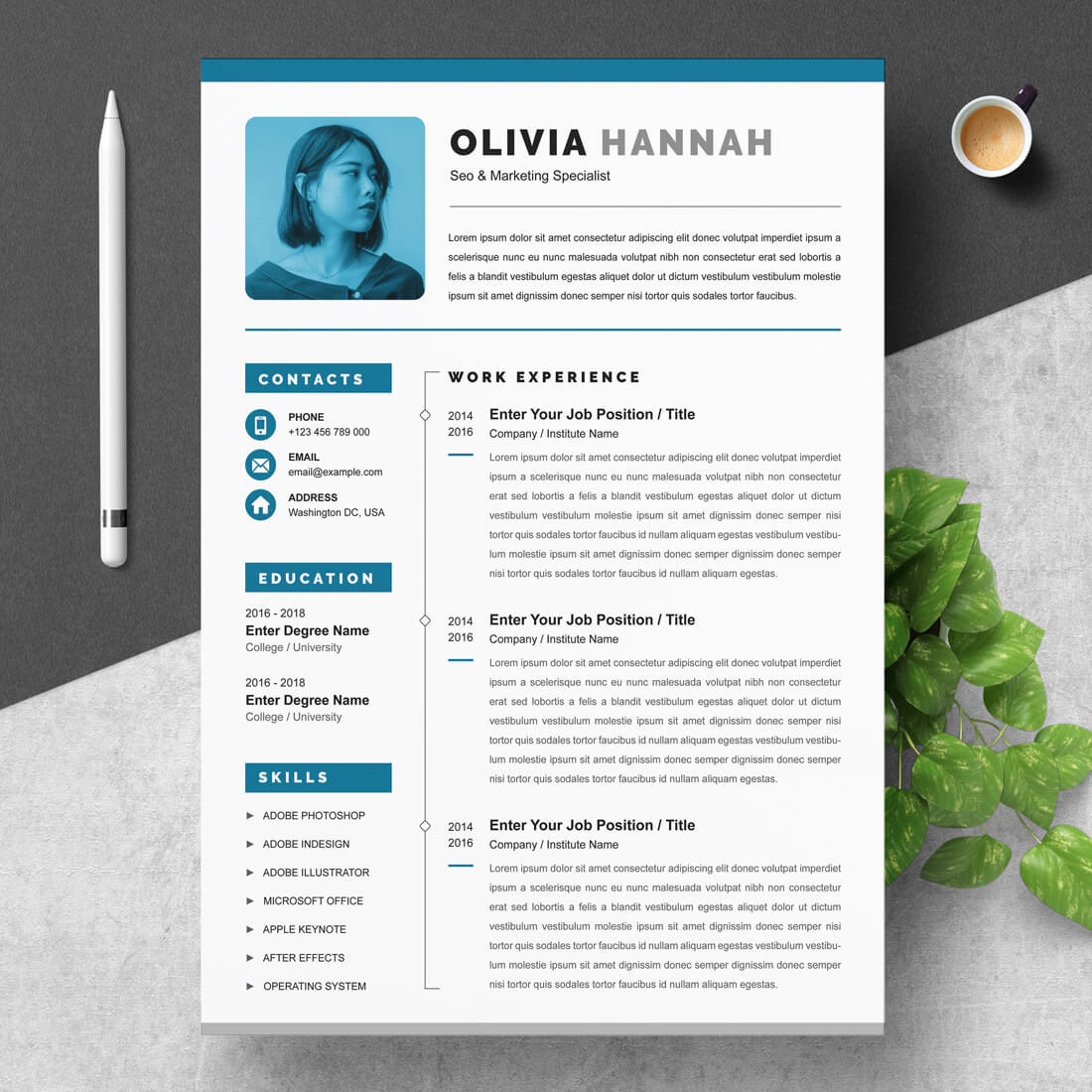 Blue and white resume template with a cup of coffee.