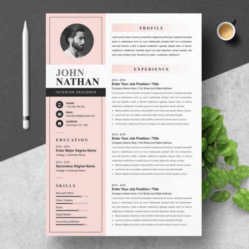 Pink and black resume template with a cup of coffee.