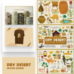 Dry Desert Vector Clipart and Seamless Pattern.