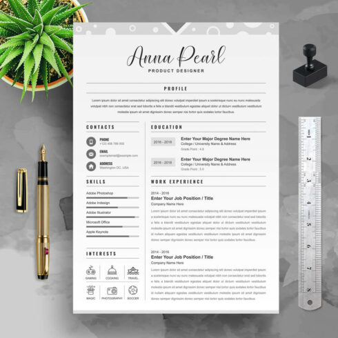 Professional resume template with a pen and ruler.