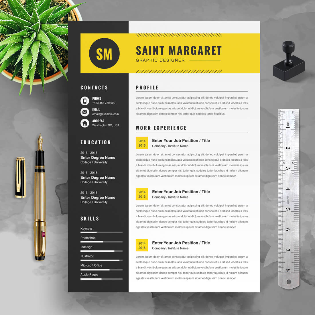 Yellow and black resume template with a ruler.