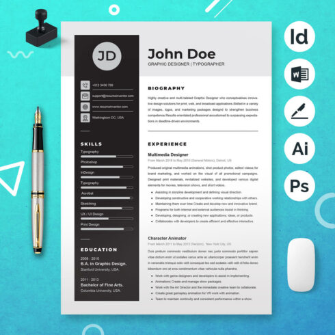 Professional resume template with icons and a pen.