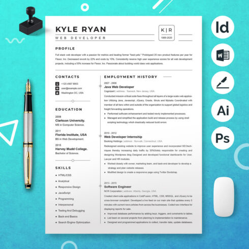 Professional resume with icons and a pen.