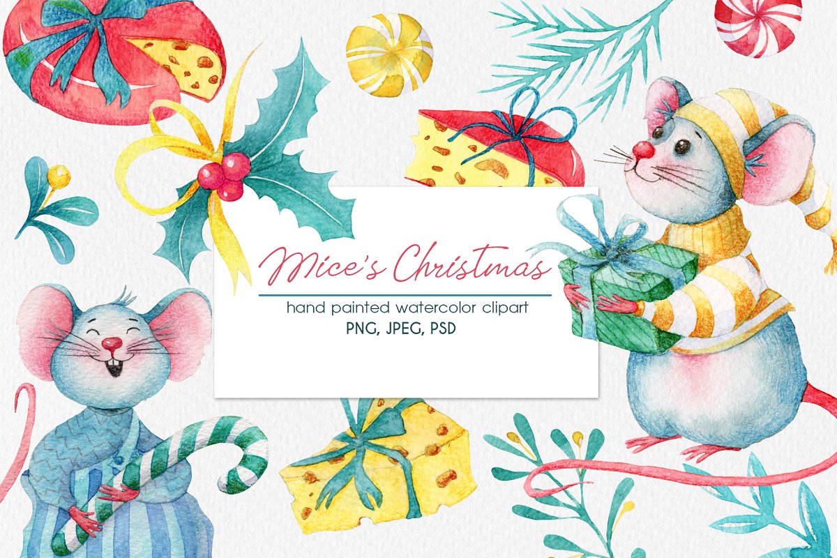 Cover image of Watercolor Christmas Mice Clip Art.