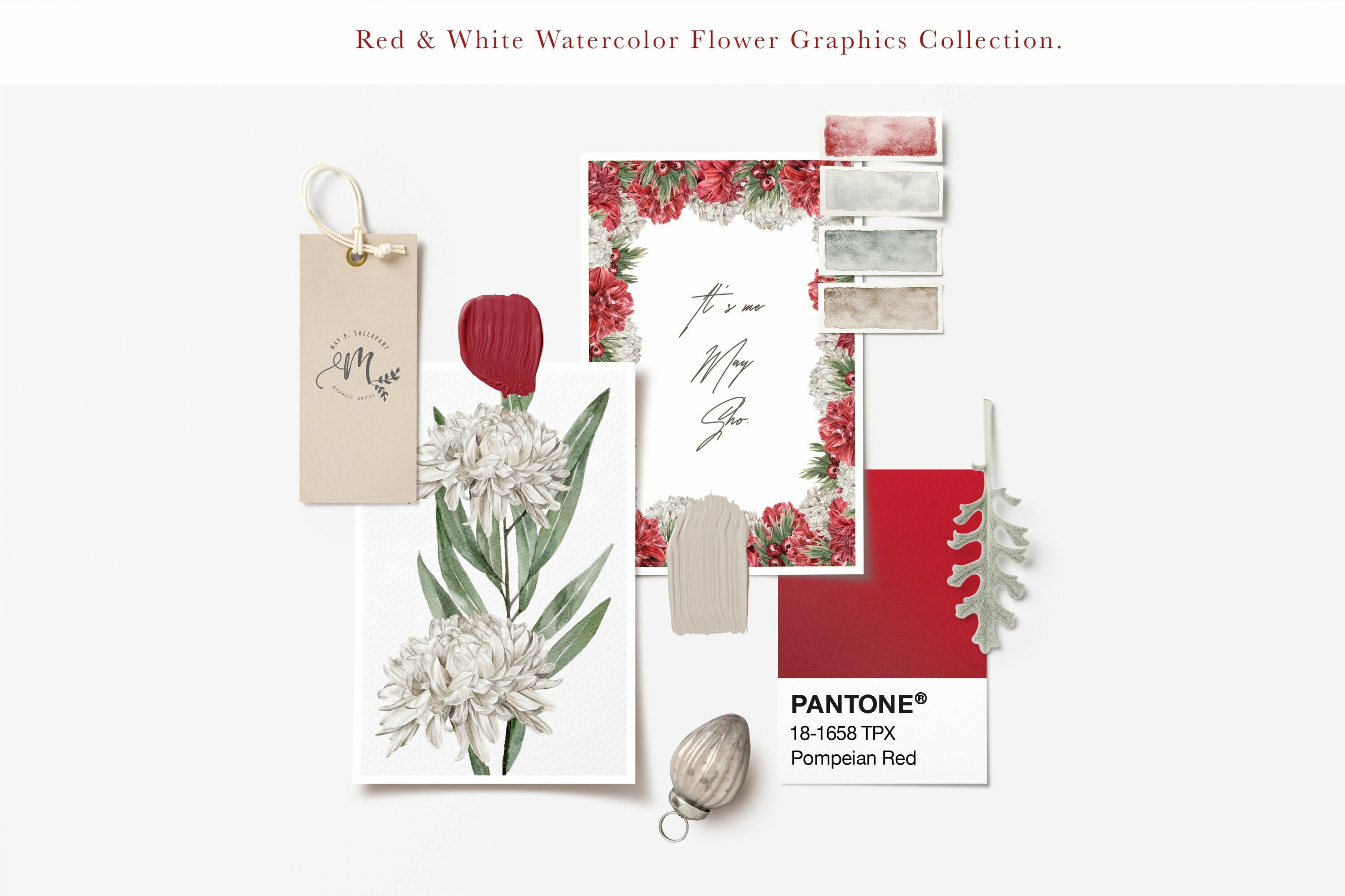Red Burgundy & White is a floral graphic collection in the color theme of red (burgundy), white, and forest green.