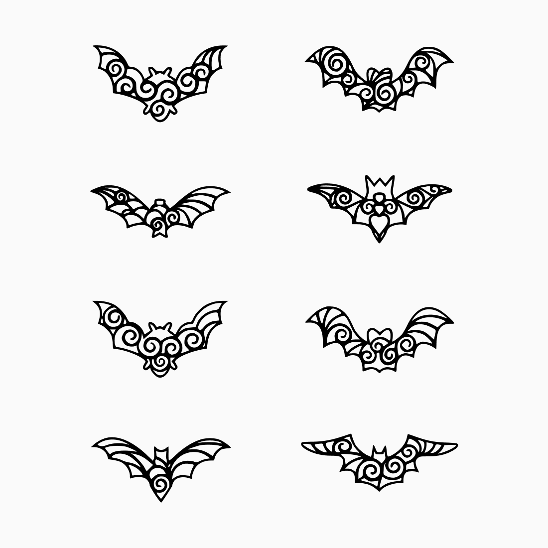 Set of nine bats with different designs.