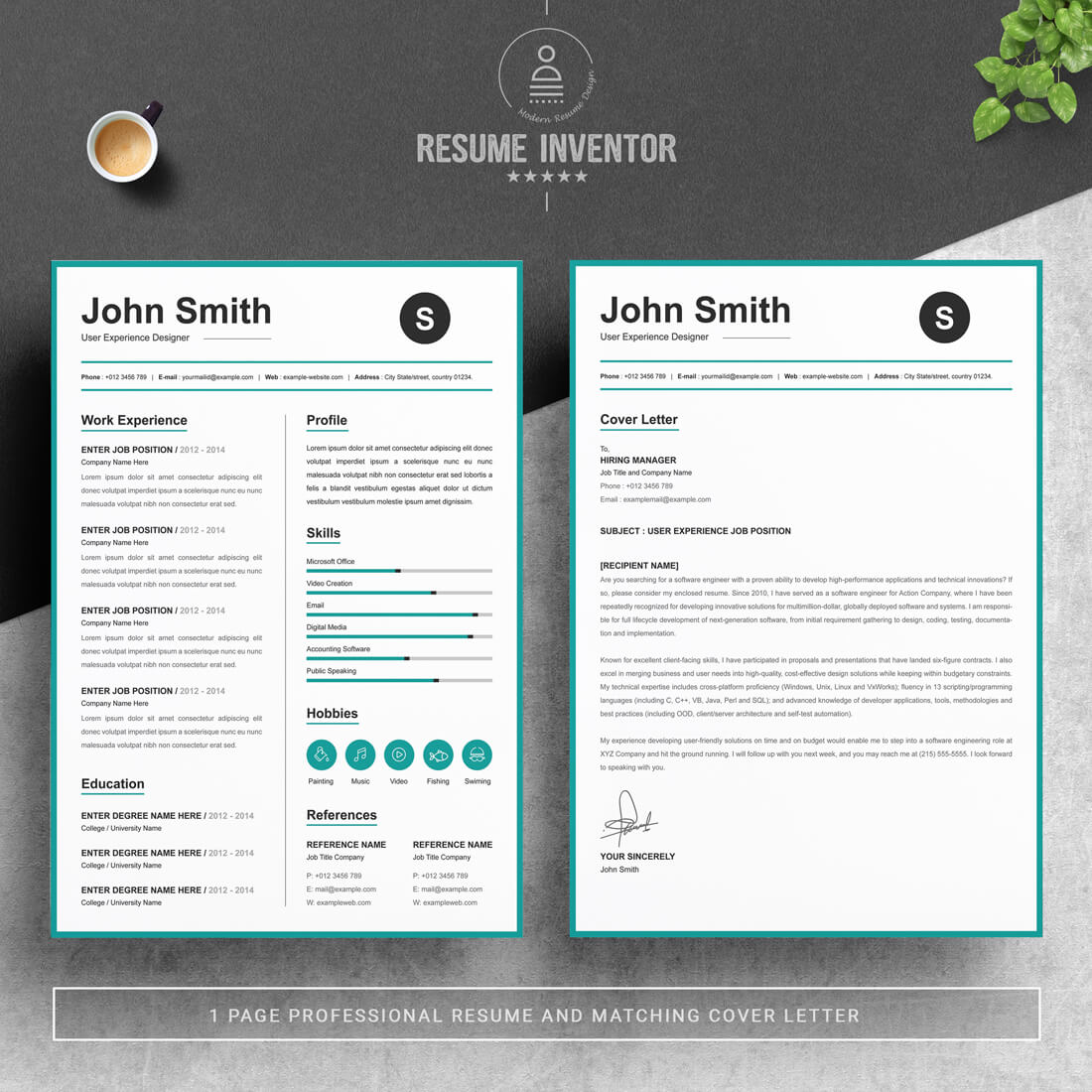 Professional resume template with a green border.