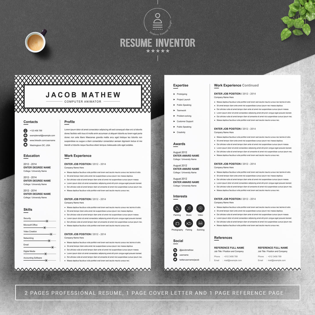 Professional resume template with a black and white checkered pattern.