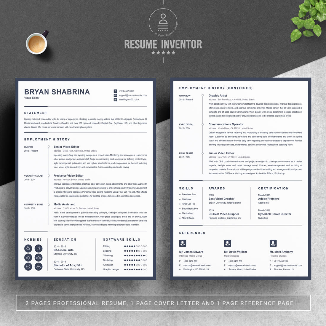 Professional resume template with a blue cover letter.