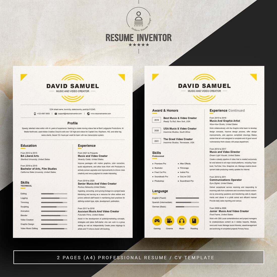 Two resume templates on a black and white background.