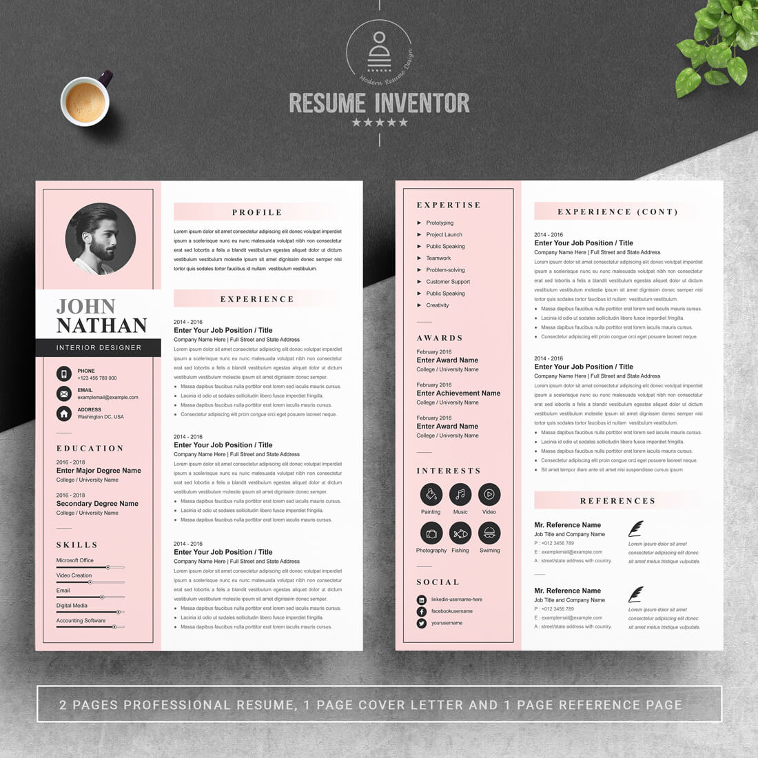 Pink and black resume template with a cup of coffee.