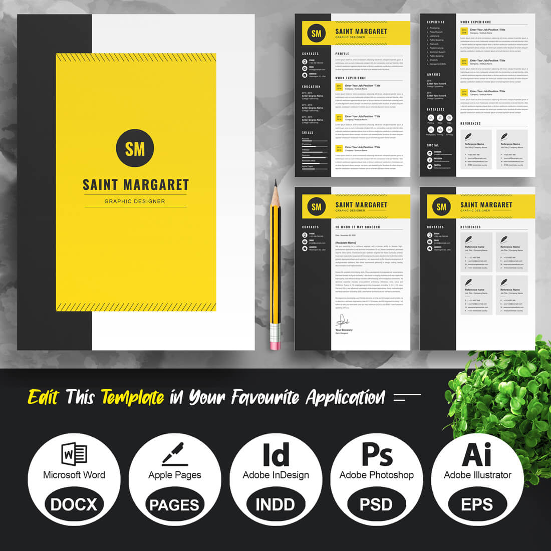 Yellow and black resume and cover letter.
