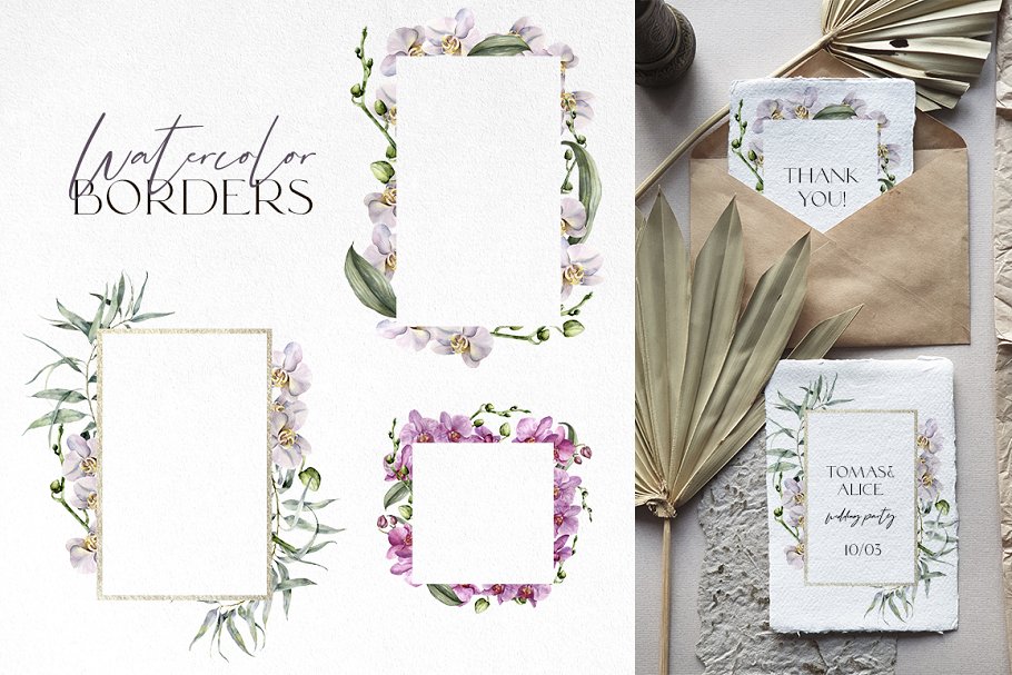 Beautiful set of borders are hand-painted in watercolor.
