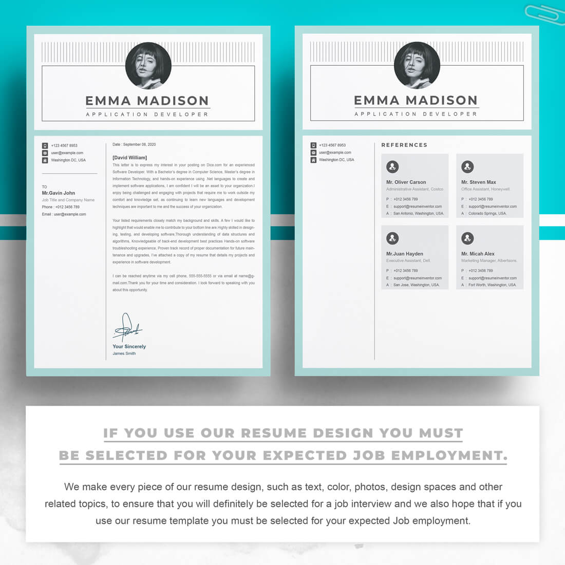 Two resume templates with a blue background.