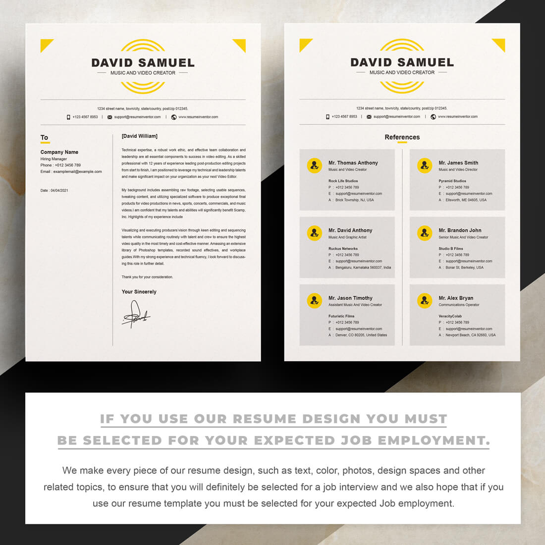 White and yellow resume with a black background.