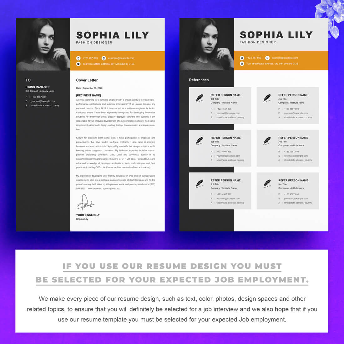 Two pages of the Fashion Designer Resume Template / CV Template.