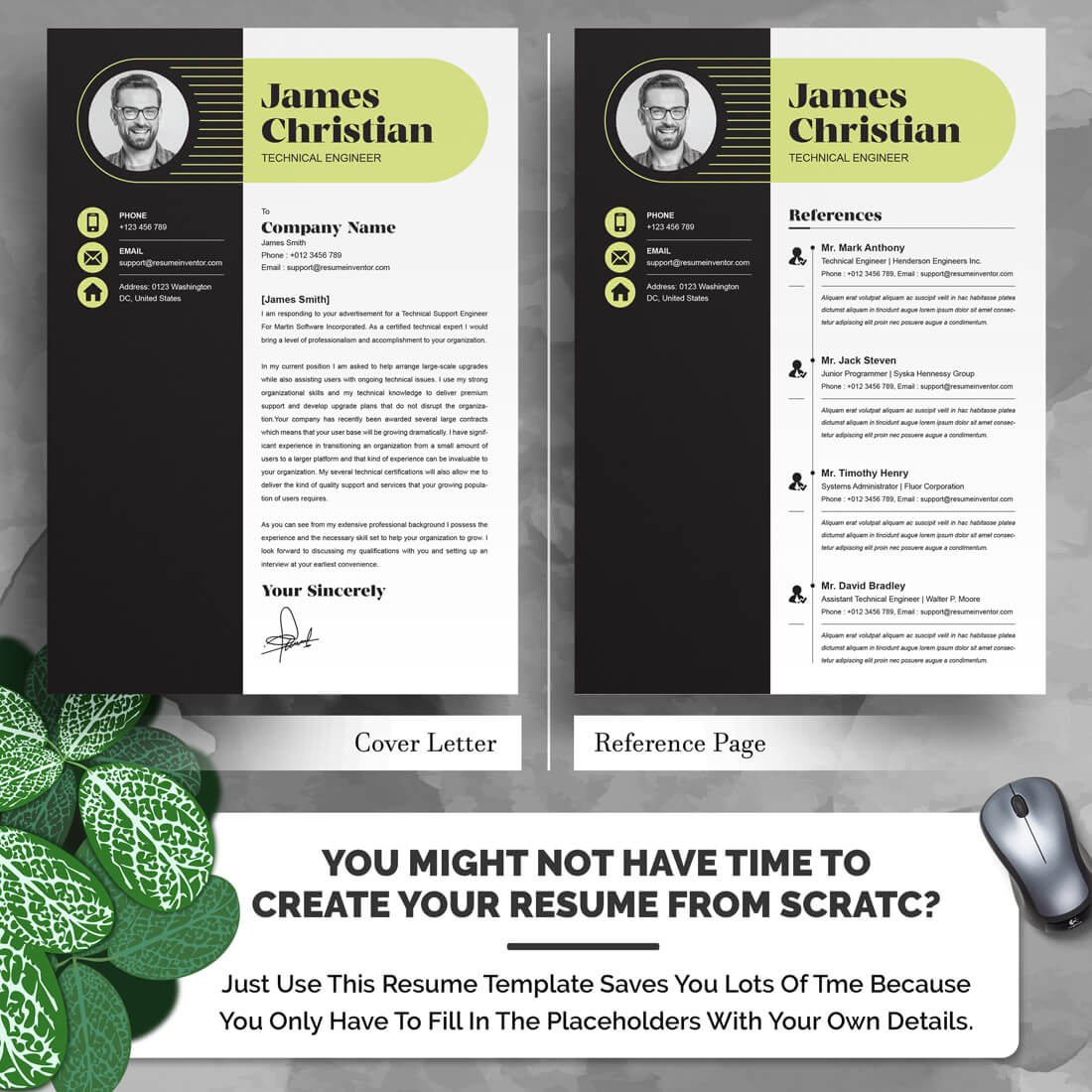 Dark resume template with green elements