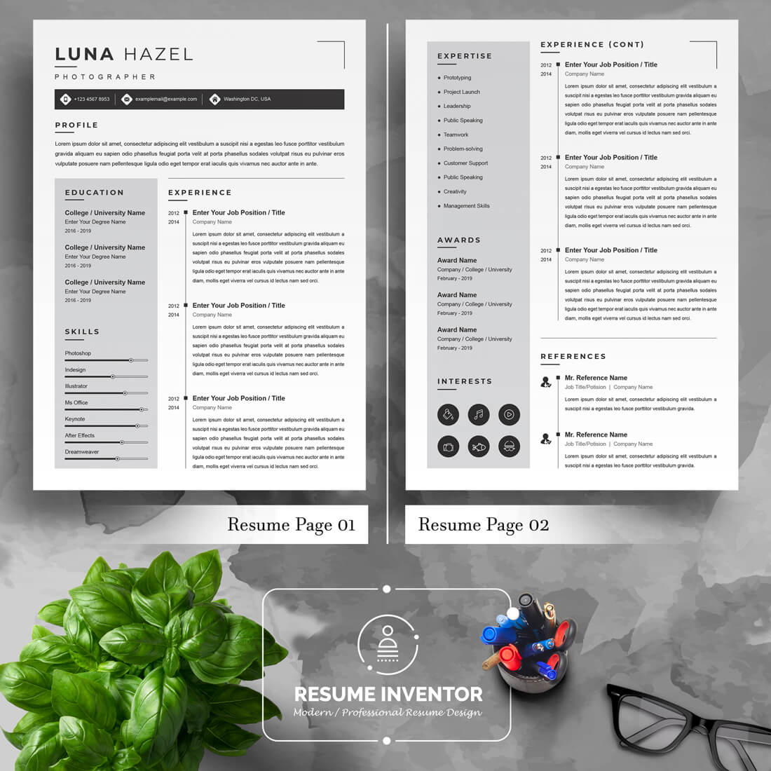 Two pages of Photographer Resume Template | Creative Resume Design.