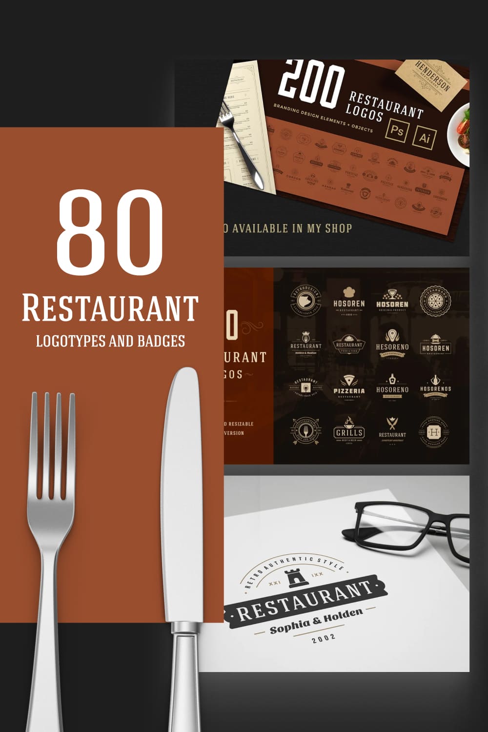Brown set of logos for restaurant business.
