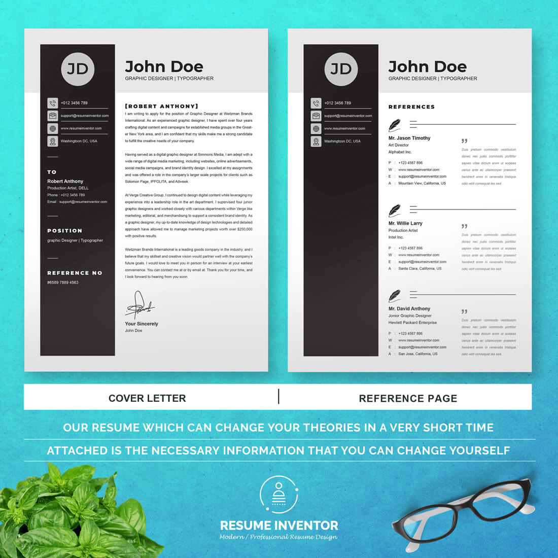 Clean and modern resume template with a blue background.