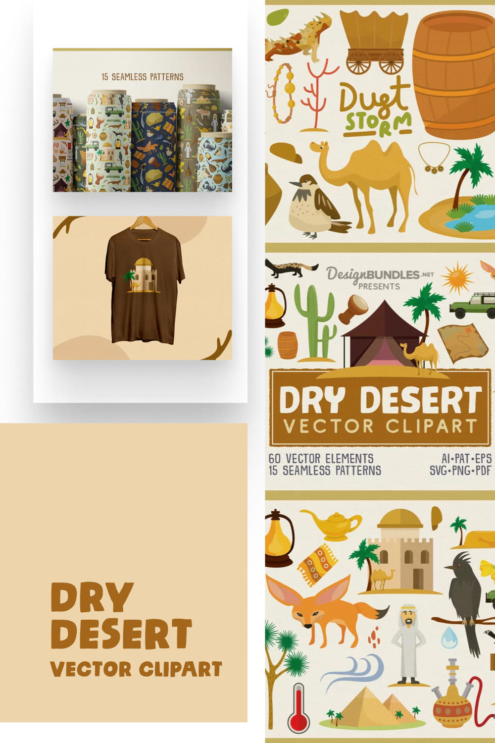 Hand-drawn illustrations with camels and desert.