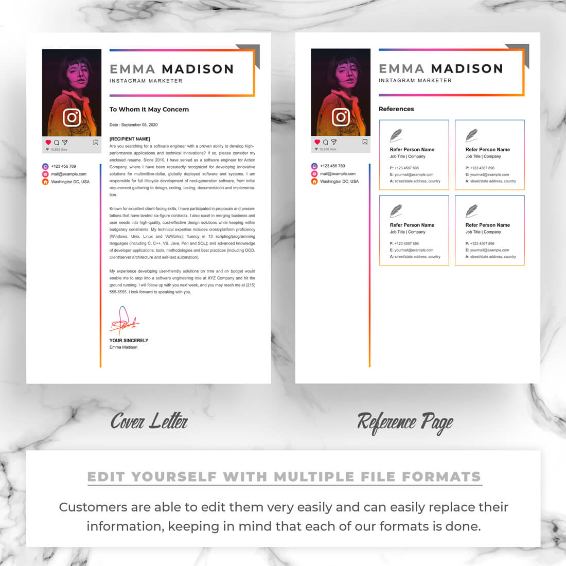 Two pages of the Instagram Marketer | Social Media Resume Template Design.
