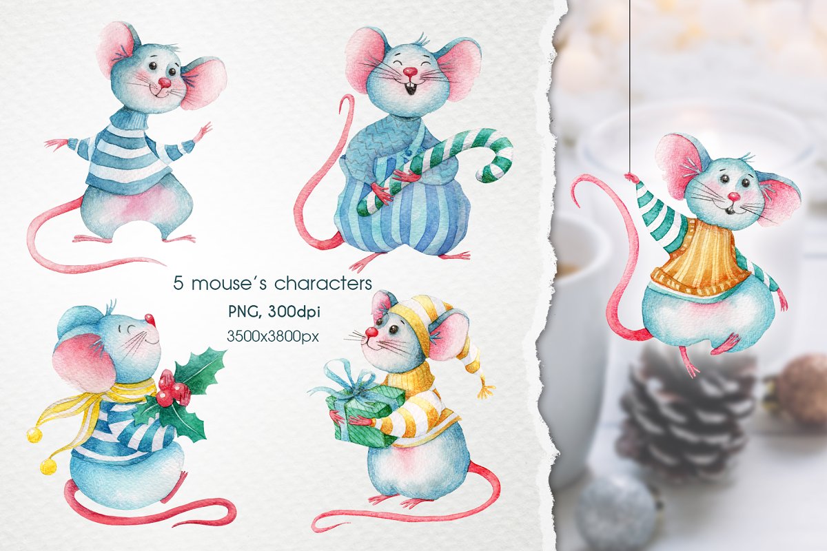 Graphic collection with Watercolor Christmas Mice.