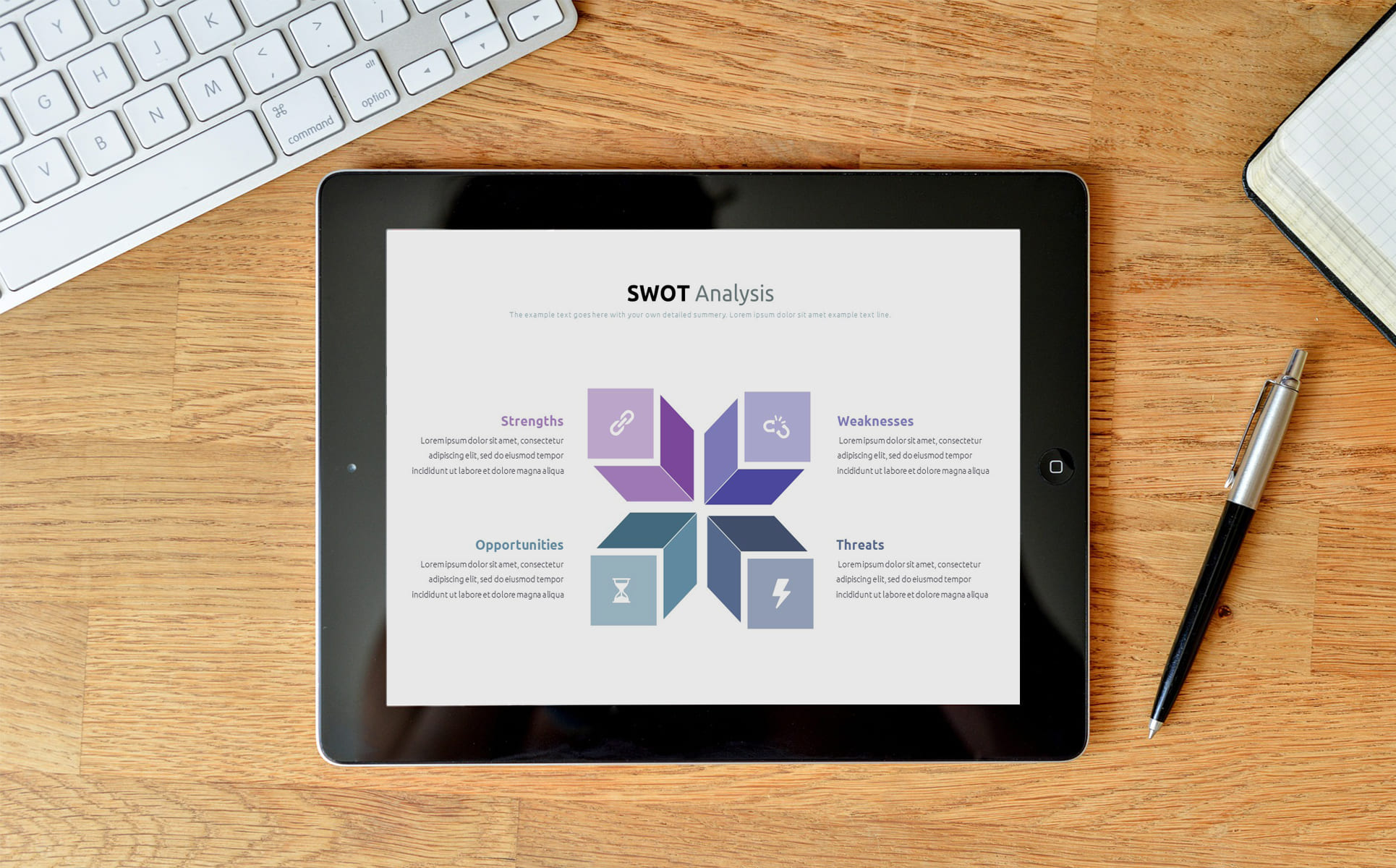 Tablet option of the Best SWOT Analysis Template Powerpoint 2021: 40 Unique Slides & 5 Color Schemes.