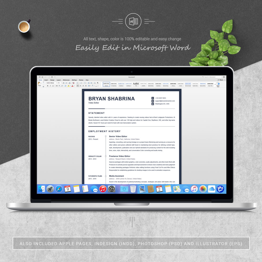 Laptop option of the Video Editor Resume Template | Simple Resume Template Design.