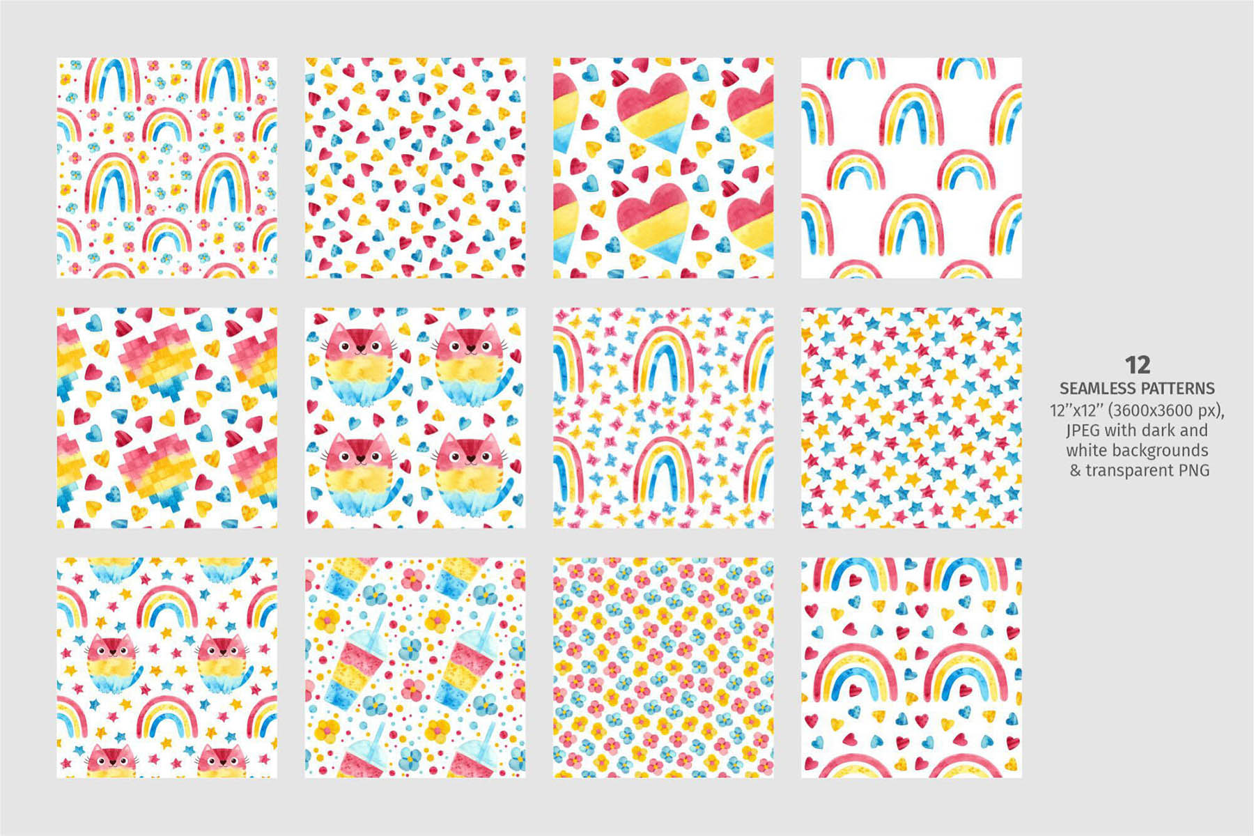 Pansexual pride watercolor clipart & seamless white patterns.