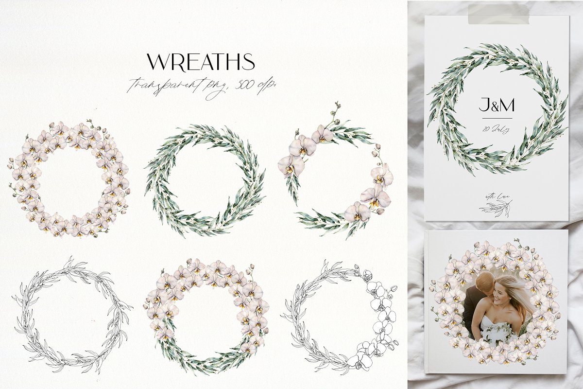 Beautiful set of wreaths are hand-painted in watercolor.