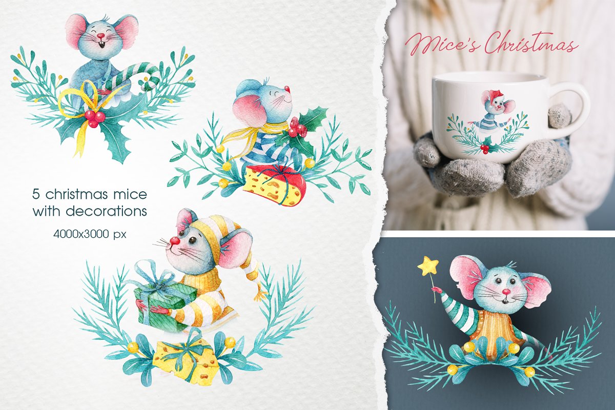 5 mice character with Christmas decoration.