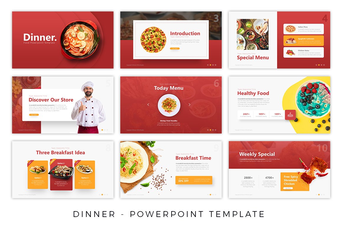 Red and white template with the tastes dishes.