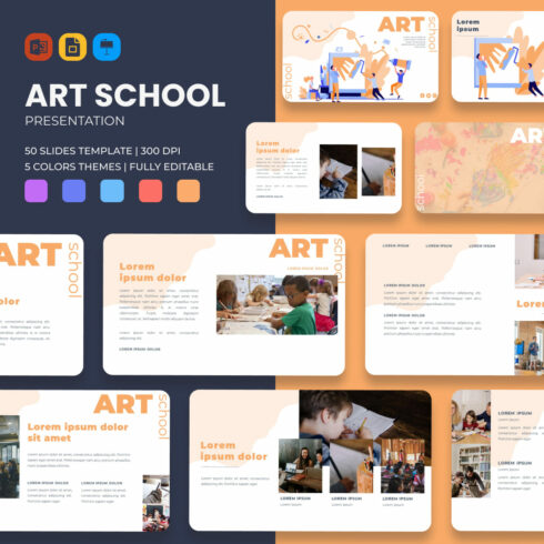 Art School Presentation: 50 Slides PPTX, KEY, Google Slides.