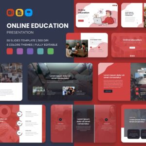 Online Education Presentation: 50 Slides PPTX, KEY, Google Slides.