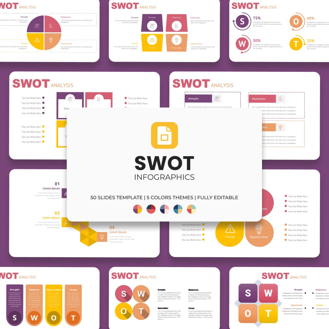 Purple SWOT Google Slides Theme: 50 Slides.