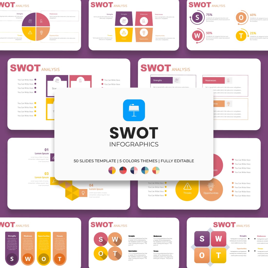 Purple SWOT Keynote Template: 50 Slides.