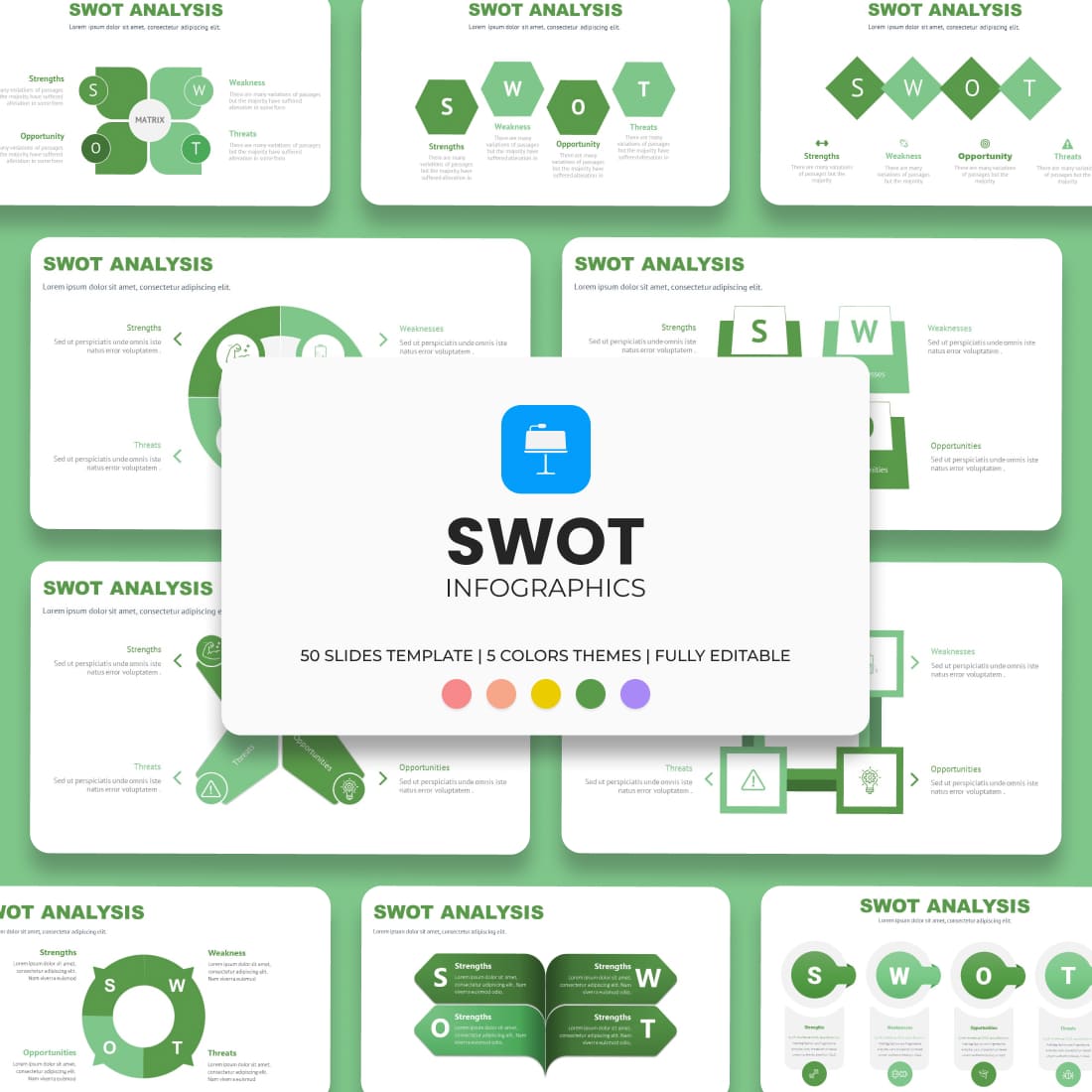 Green SWOT Keynote Template: 50 Slides.