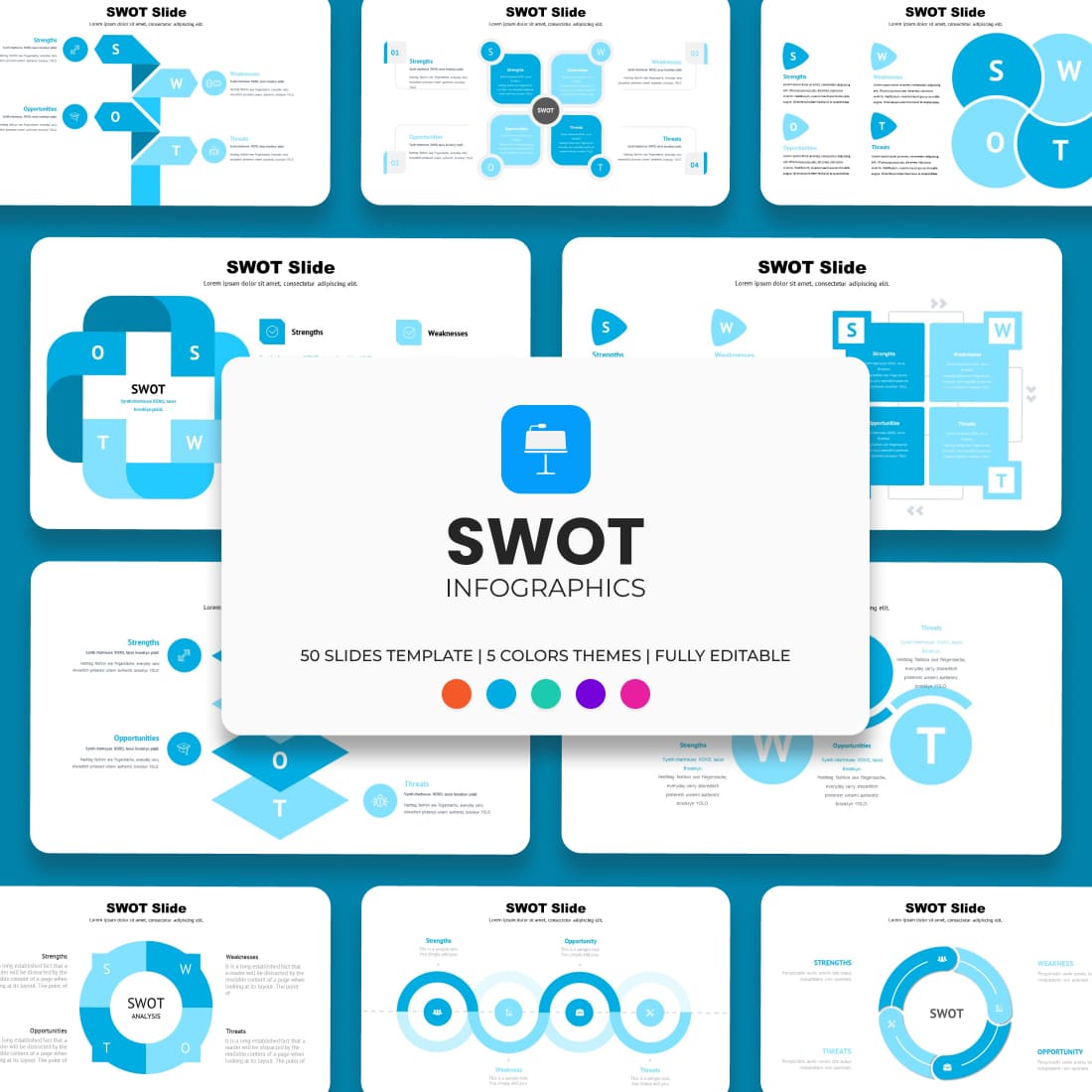 Blue SWOT Keynote Template: 50 Slides.