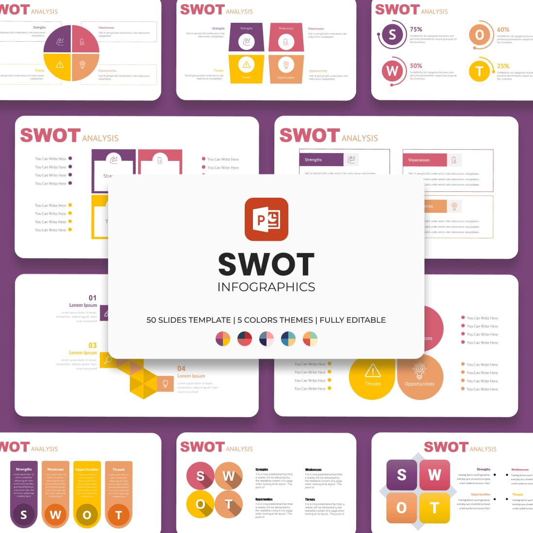 Purple SWOT Powerpoint Template: 50 Slides.