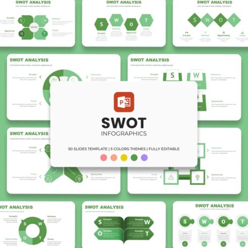 Green SWOT Powerpoint Template: 50 Slides.