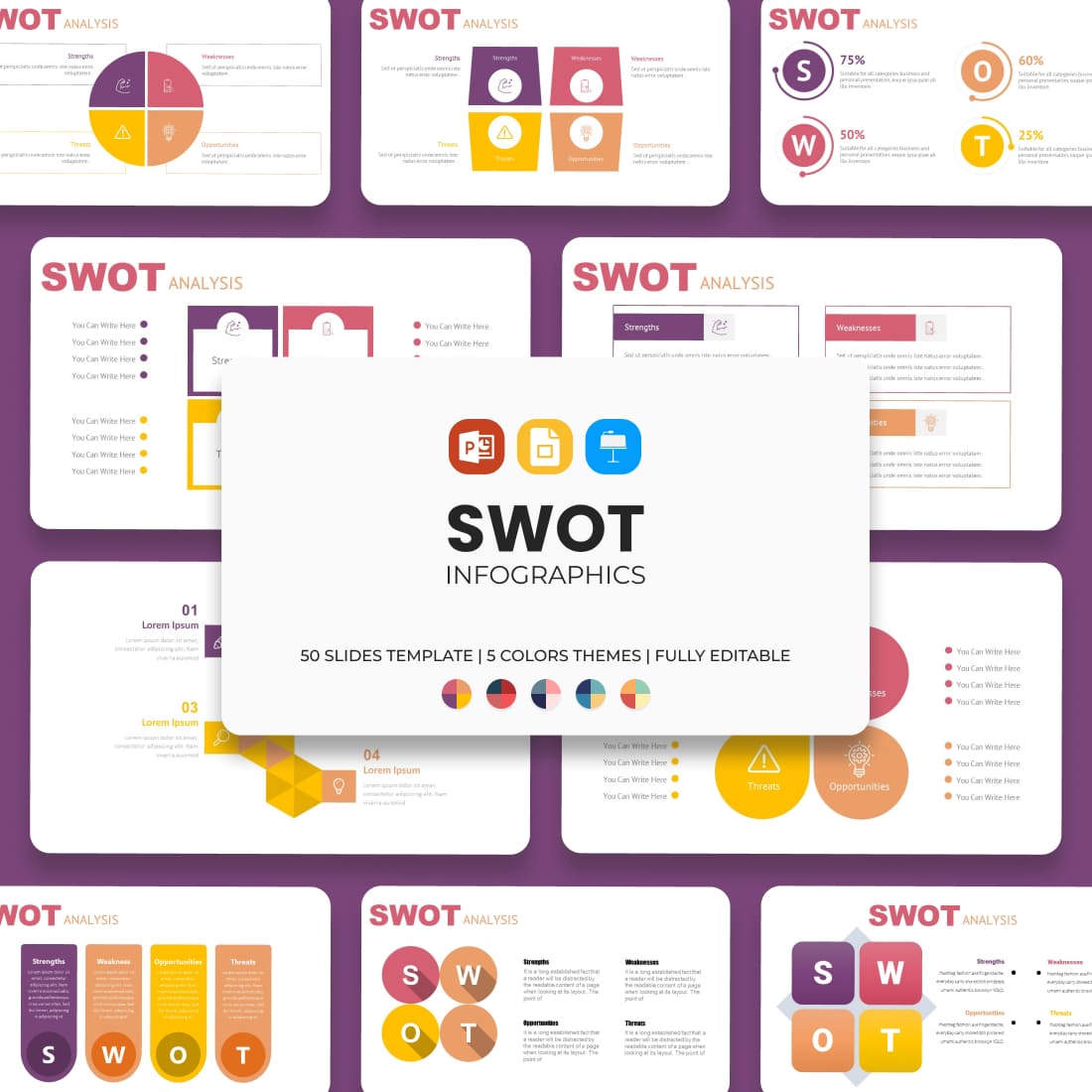 Purple SWOT Presentation: 50 Slides PPTX, KEY, Google Slides cover.