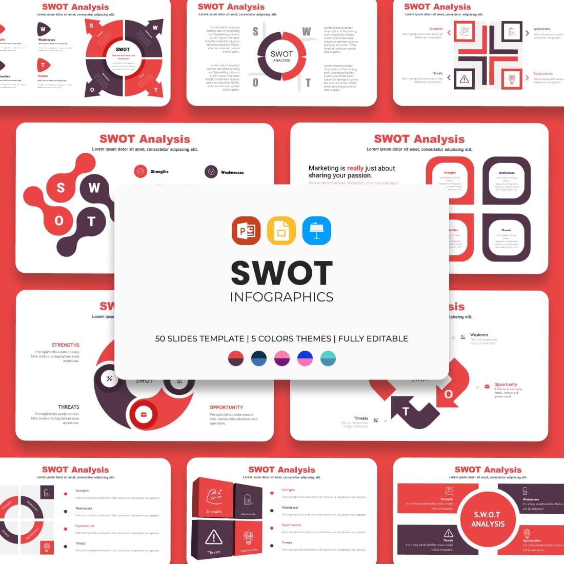 Red SWOT Presentation: 50 Slides PPTX, KEY, Google Slides.